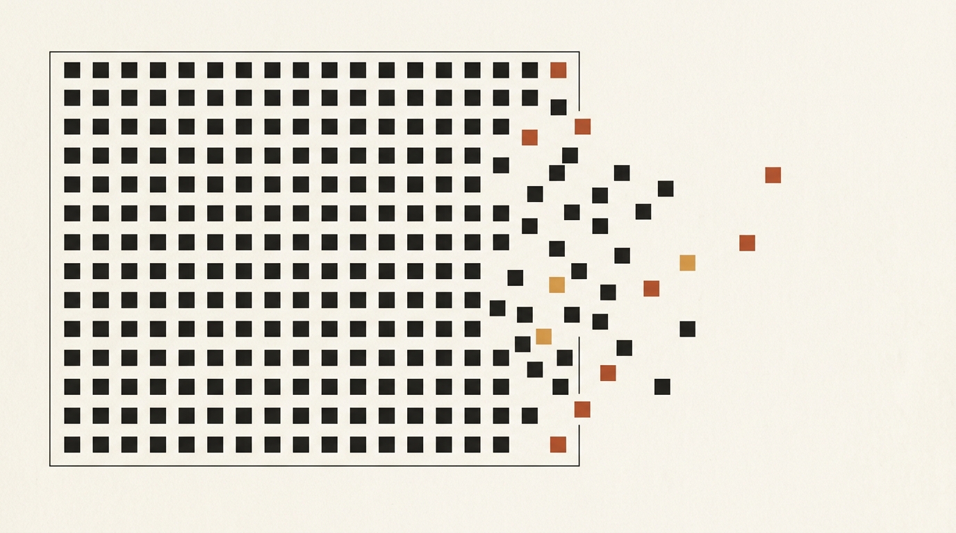 A fine-lined rectangular enclosure on warm paper, its ordered grid of dark squares dissolving at the right edge into a sparse scatter that drifts outward across open space.
